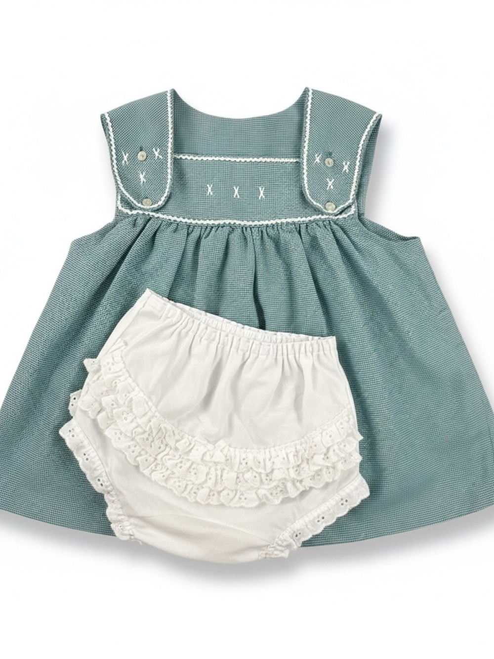 Vintage Handmade Green Micro Check Dress with White Ruffle Bloomers